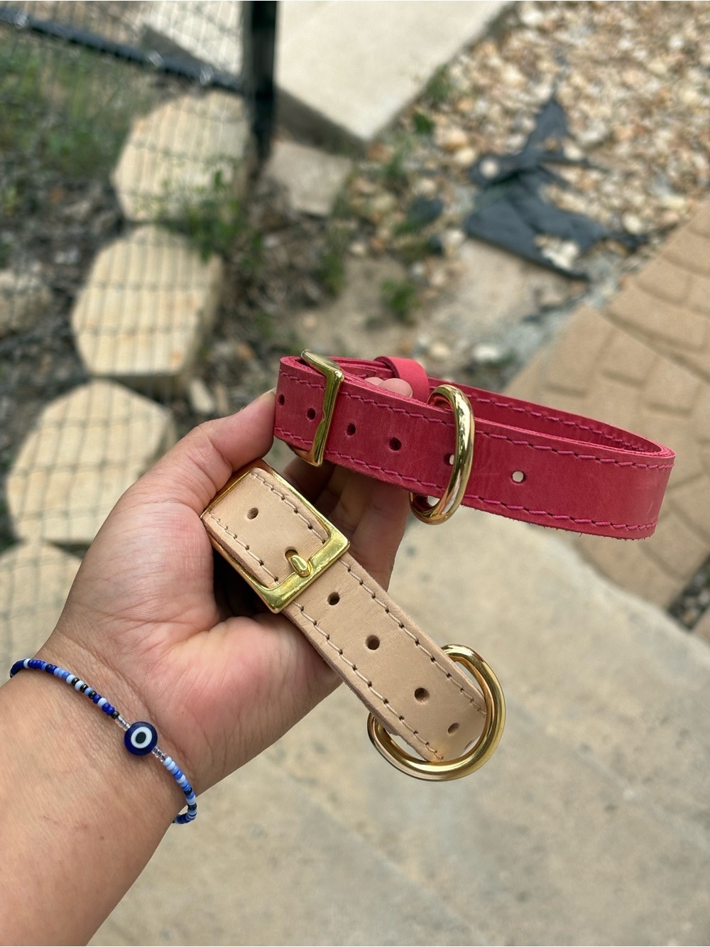 Premium Pink & Beige Leather Dog Collar with Brass Hardware